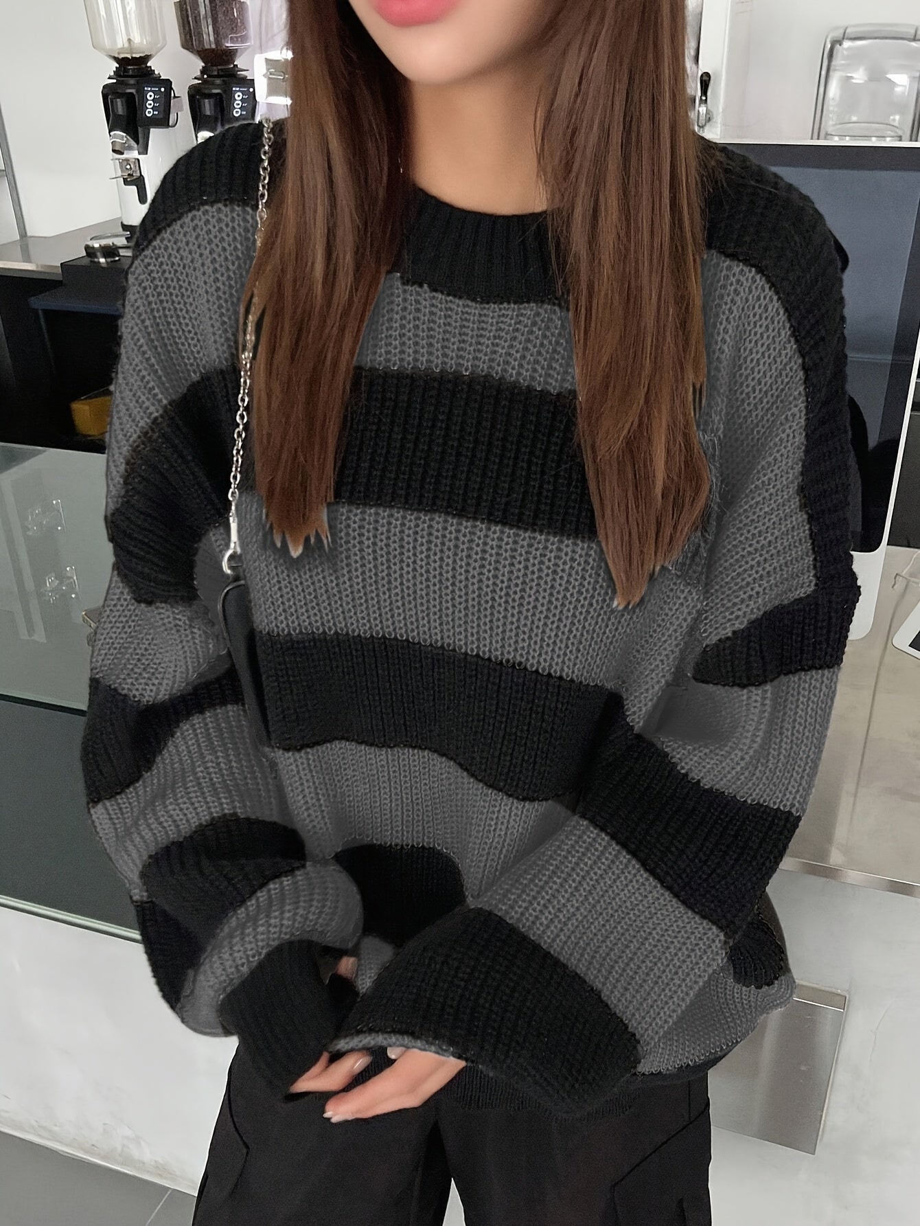 Women’s Pink & Navy Striped Sweater – Loose Fit Knit Pullover