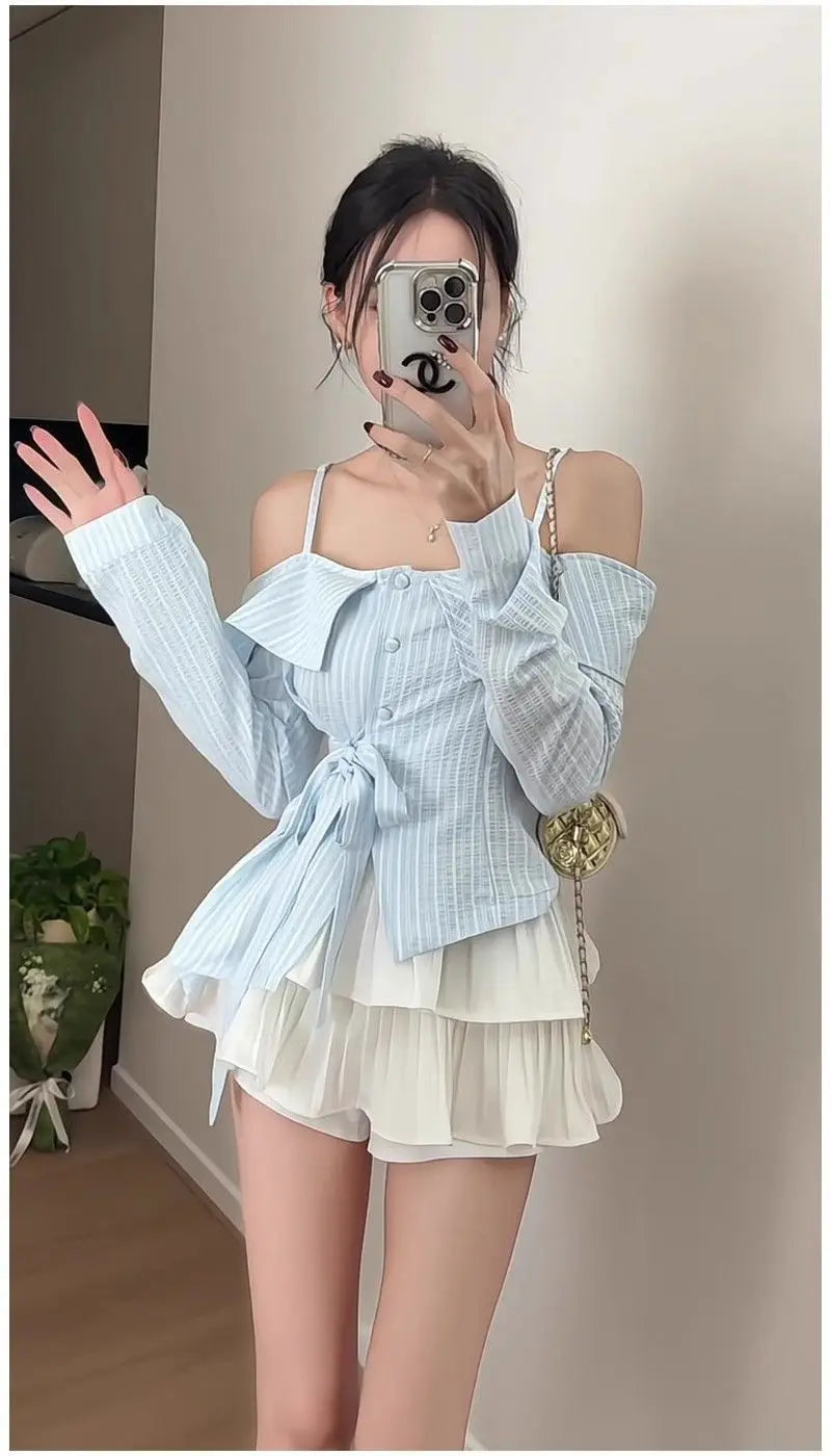 Off-Shoulder Lace-Up Skirt Set