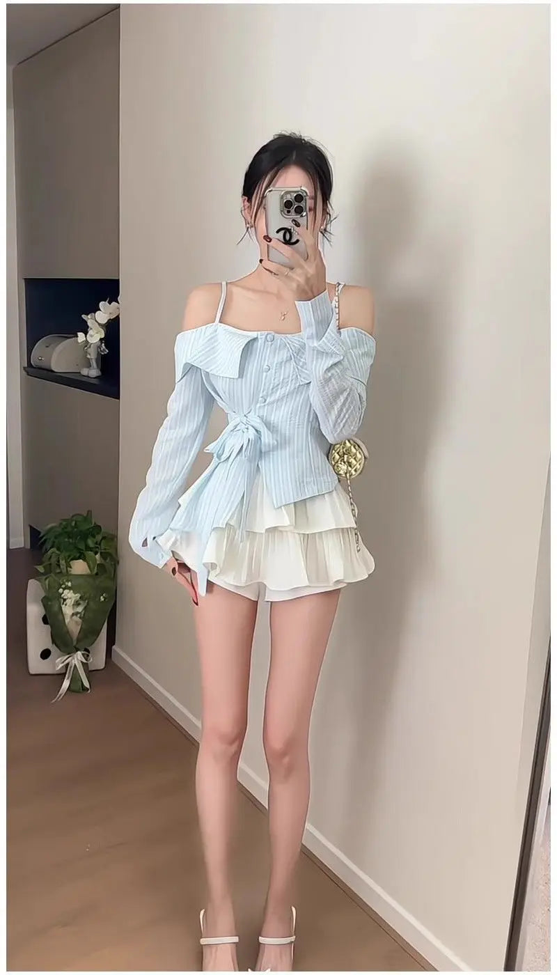 Off-Shoulder Lace-Up Skirt Set