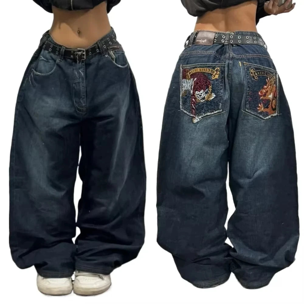 Y2K Geometric Embroidered Baggy Jeans