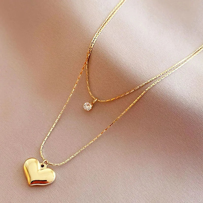 14K Gold Heart Pendant Layered Necklace