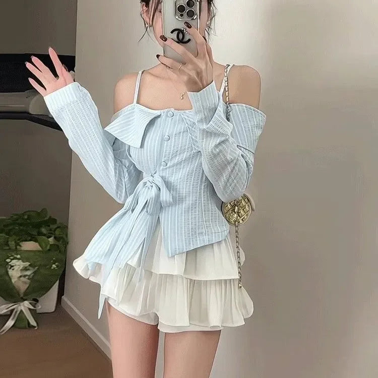 Off-Shoulder Lace-Up Skirt Set