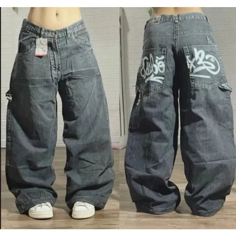Y2K Geometric Embroidered Baggy Jeans