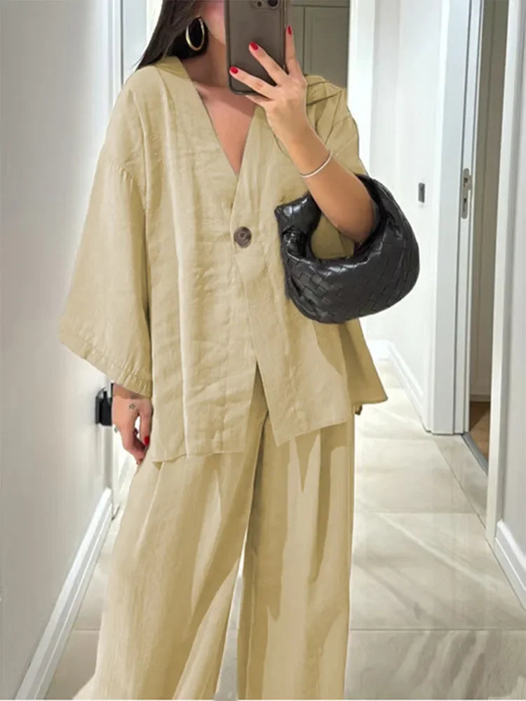 Women’s Linen & Cotton Set – V-Neck Shirt and Loose Trousers