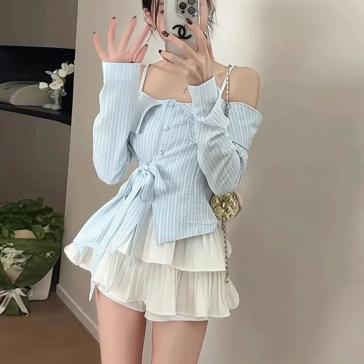 Off-Shoulder Lace-Up Skirt Set