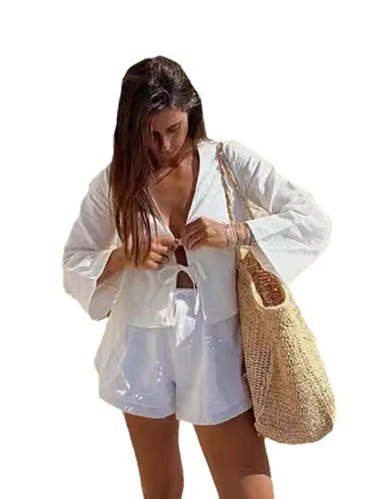 White Lace-Up V-Neck Summer Blouse
