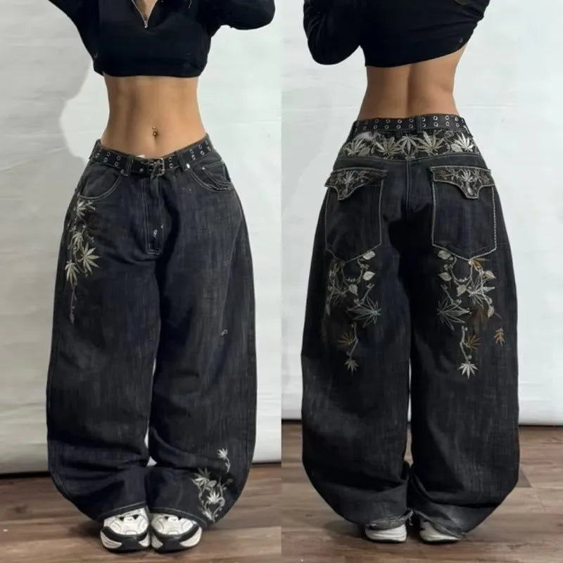 Y2K Geometric Embroidered Baggy Jeans