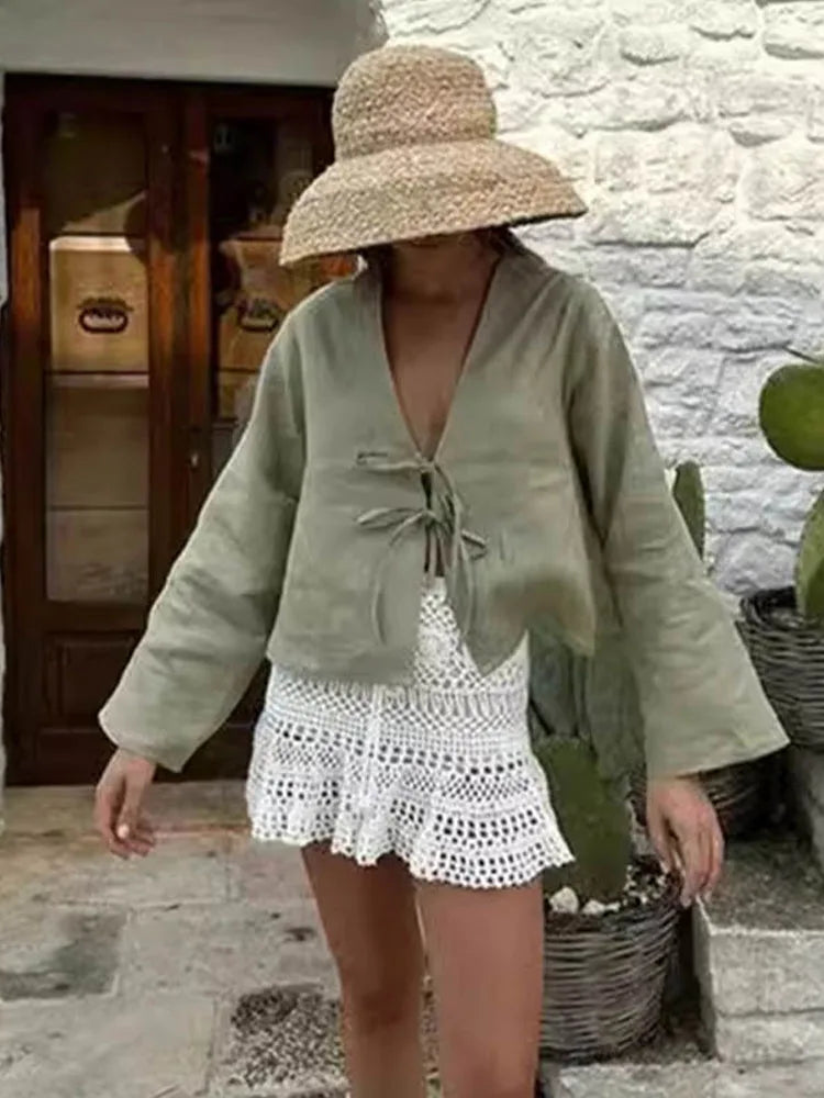 White Lace-Up V-Neck Summer Blouse