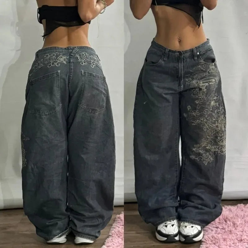 Y2K Geometric Embroidered Baggy Jeans