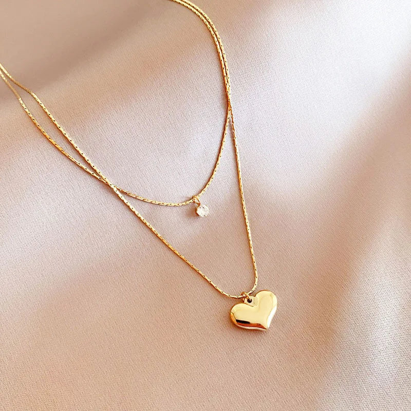 14K Gold Heart Pendant Layered Necklace
