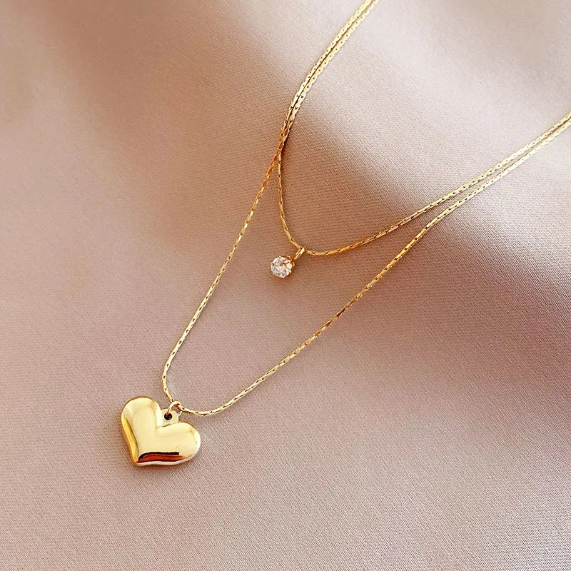 14K Gold Heart Pendant Layered Necklace