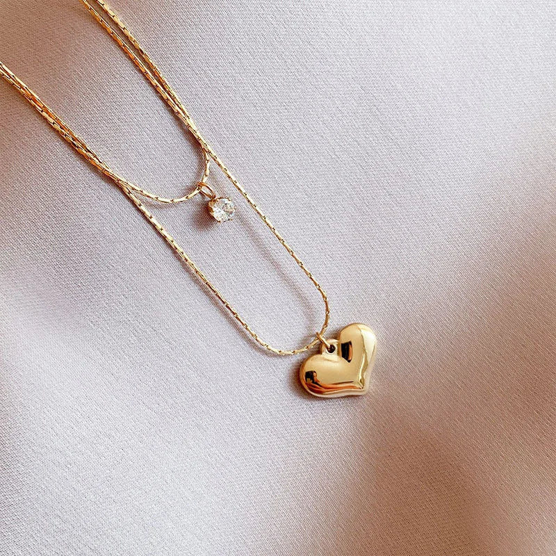 14K Gold Heart Pendant Layered Necklace