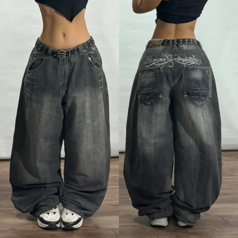 Y2K Geometric Embroidered Baggy Jeans