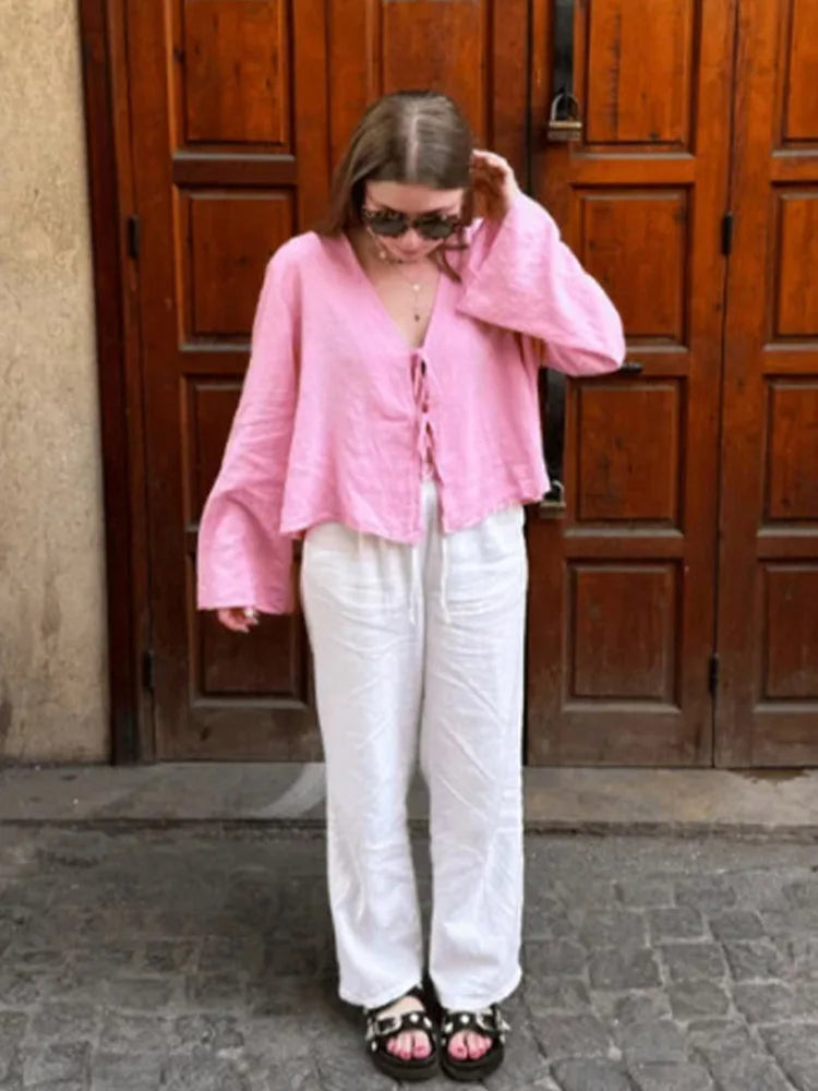 White Lace-Up V-Neck Summer Blouse