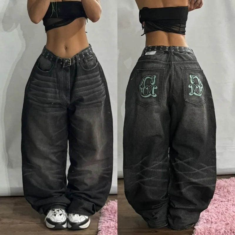 Y2K Geometric Embroidered Baggy Jeans