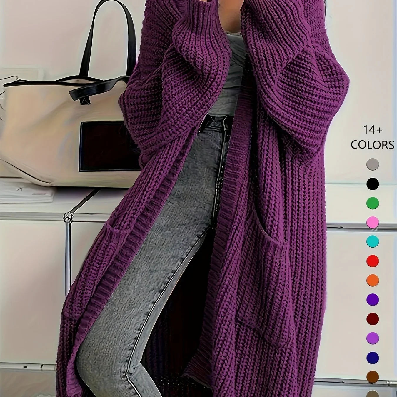 Knee-Length Open Front Cardigan