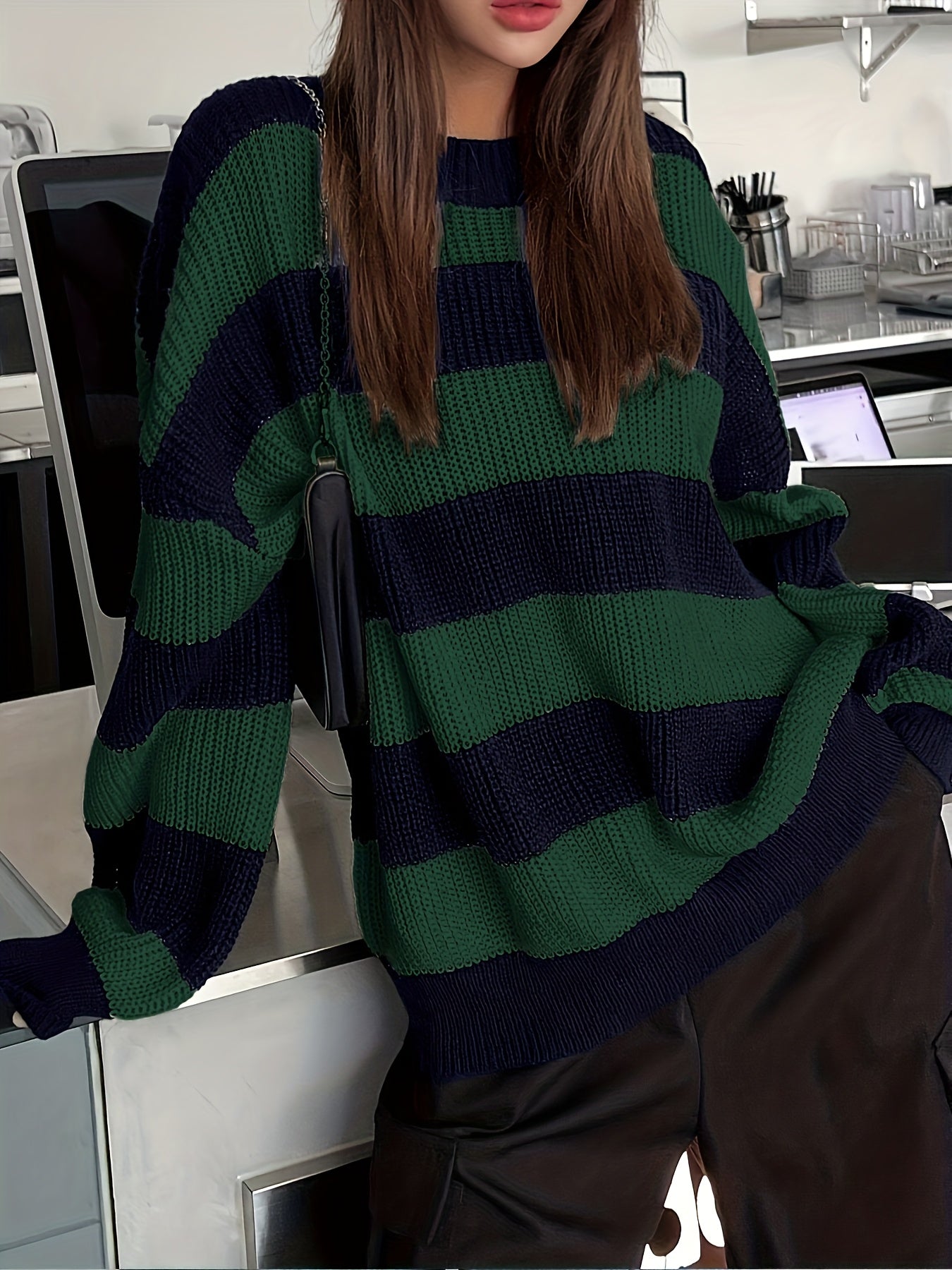 Women’s Pink & Navy Striped Sweater – Loose Fit Knit Pullover
