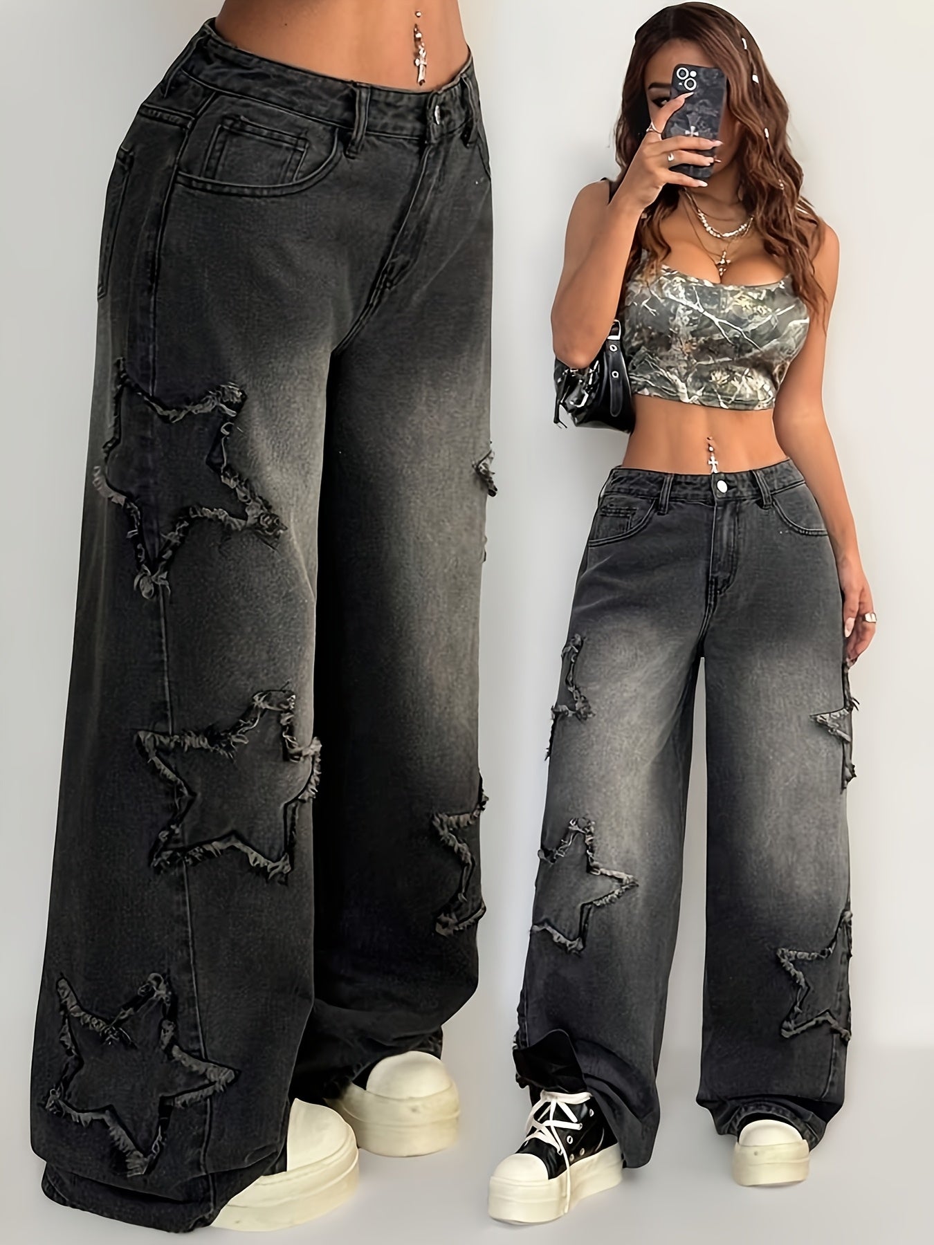 Women’s Black Distressed Wide-Leg Jeans