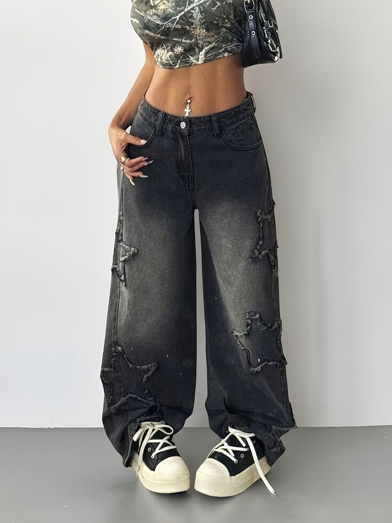 Women’s Black Distressed Wide-Leg Jeans