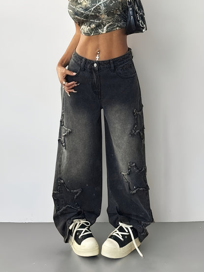 Women’s Black Distressed Wide-Leg Jeans