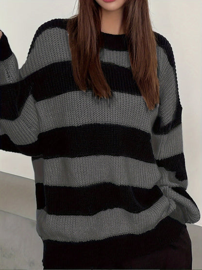 Women’s Pink & Navy Striped Sweater – Loose Fit Knit Pullover