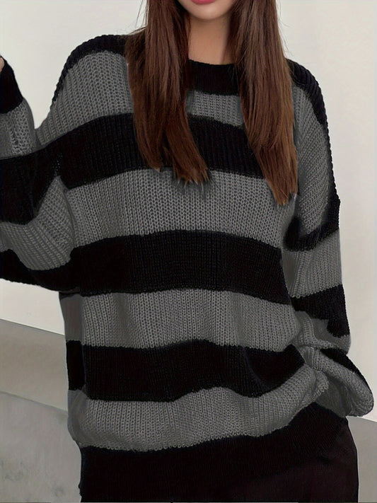 Women’s Pink & Navy Striped Sweater – Loose Fit Knit Pullover