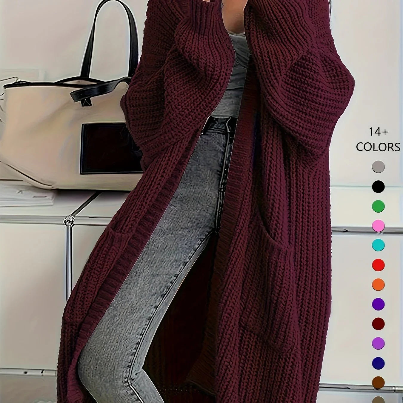 Knee-Length Open Front Cardigan