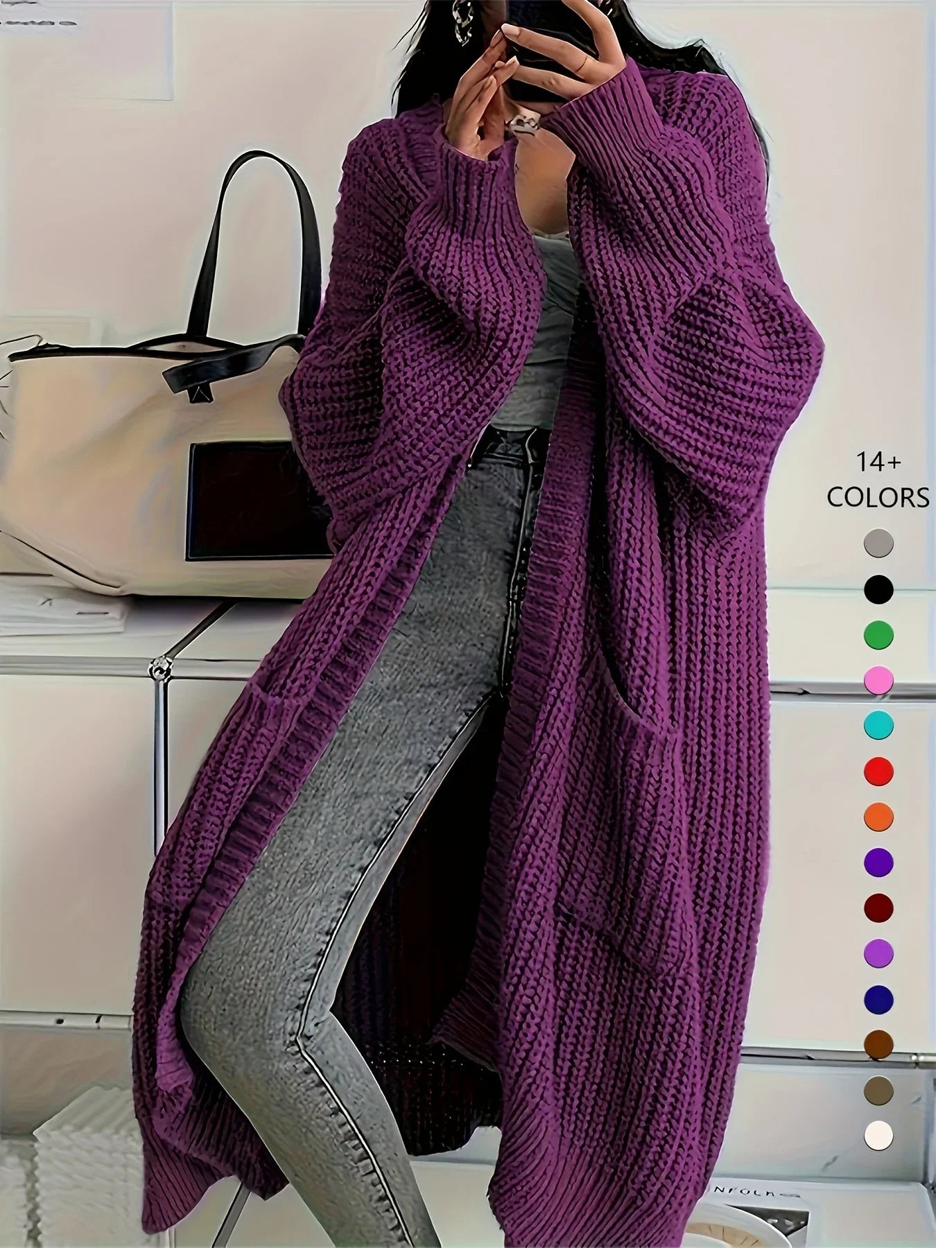 Knee-Length Open Front Cardigan
