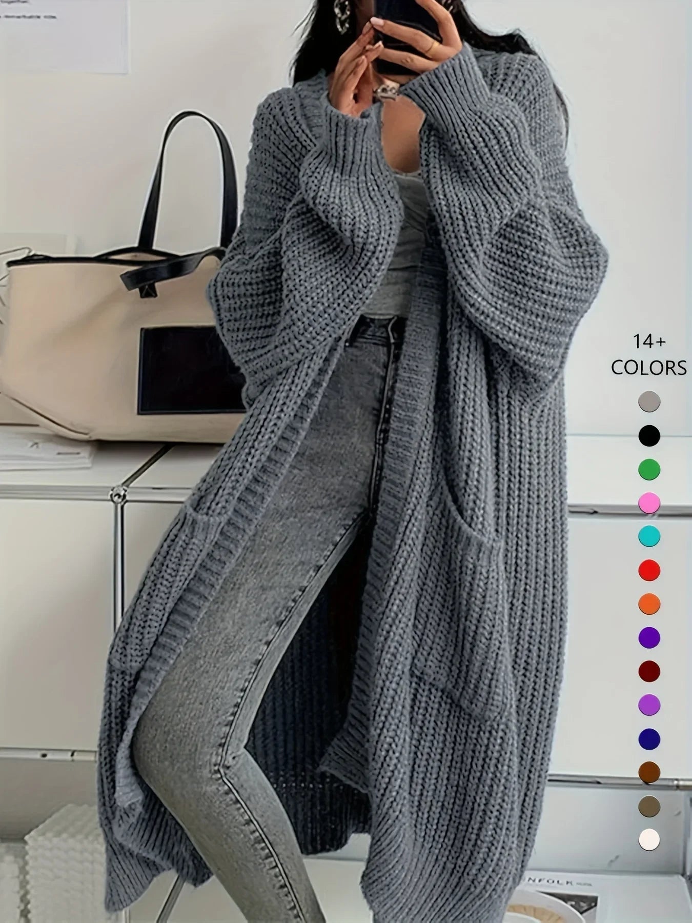 Knee-Length Open Front Cardigan