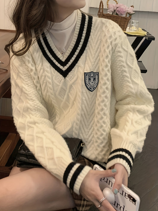 Women's Retro Preppy V-Neck Sweater
