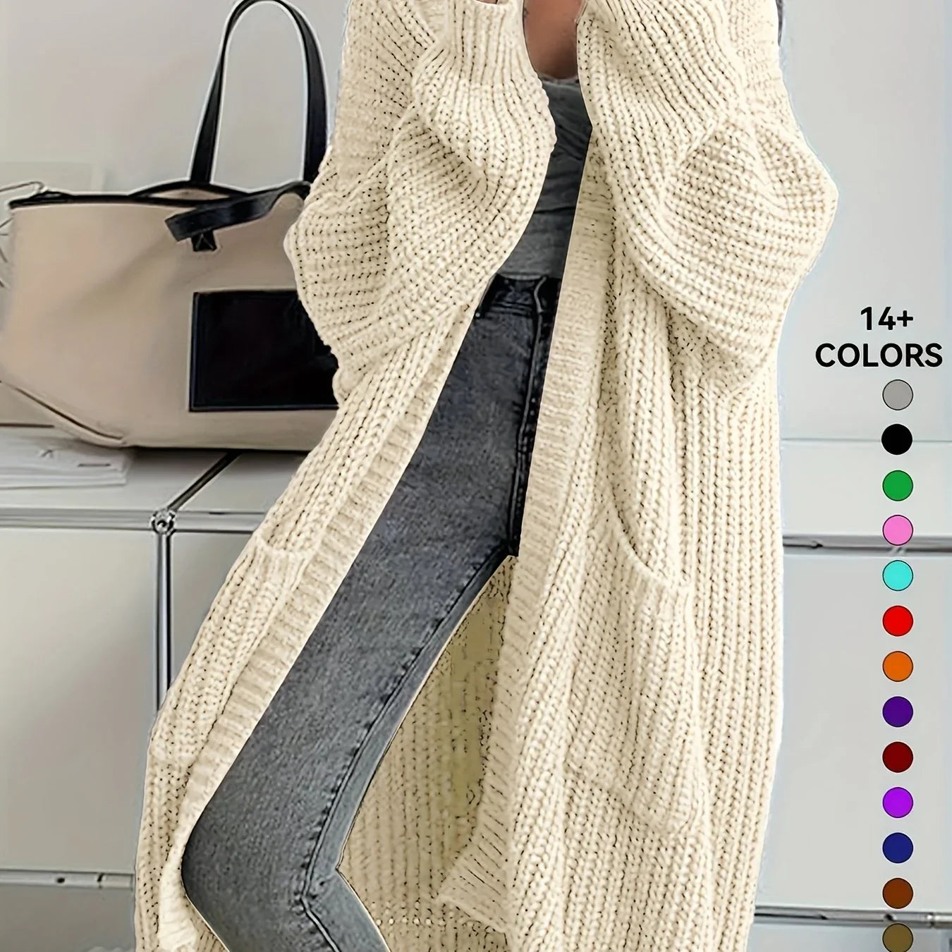 Knee-Length Open Front Cardigan