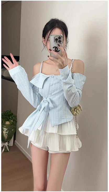 Off-Shoulder Lace-Up Skirt Set