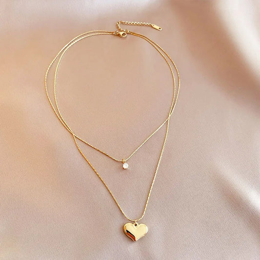 14K Gold Heart Pendant Layered Necklace
