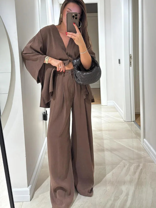 Women’s Linen & Cotton Set – V-Neck Shirt and Loose Trousers