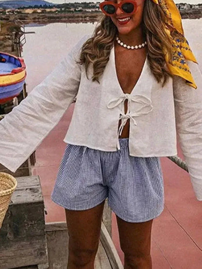 White Lace-Up V-Neck Summer Blouse