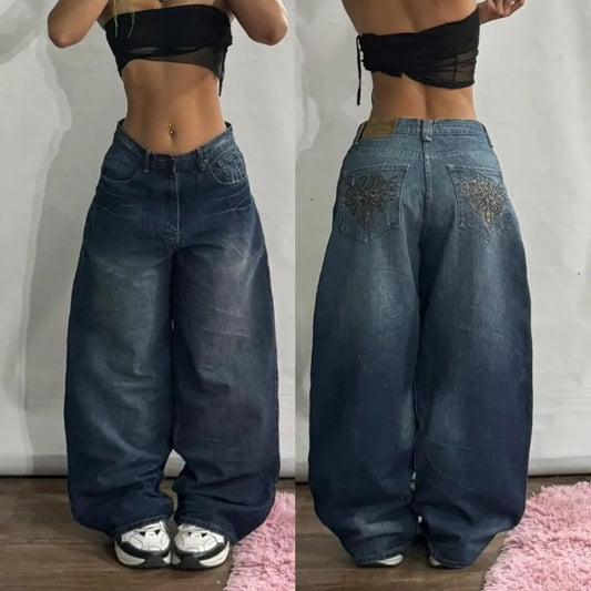 Y2K Geometric Embroidered Baggy Jeans