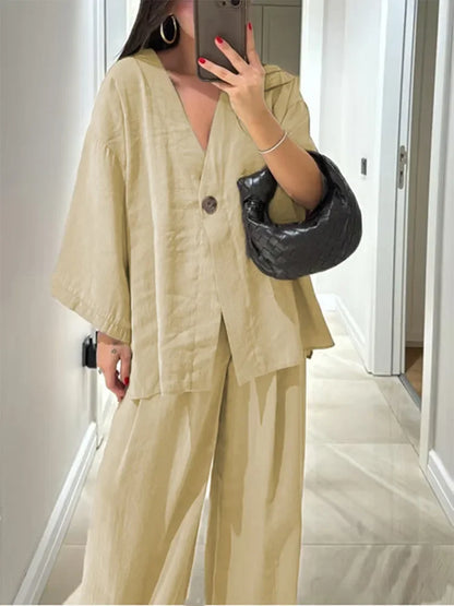 Women’s Linen & Cotton Set – V-Neck Shirt and Loose Trousers