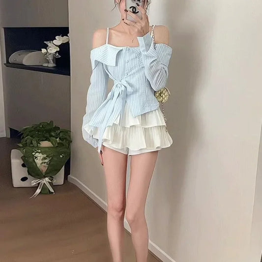 Off-Shoulder Lace-Up Skirt Set