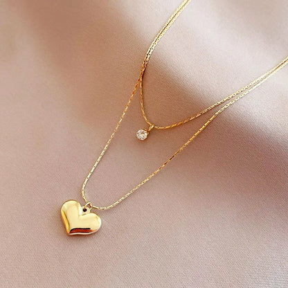 14K Gold Heart Pendant Layered Necklace