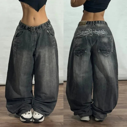 Y2K Geometric Embroidered Baggy Jeans