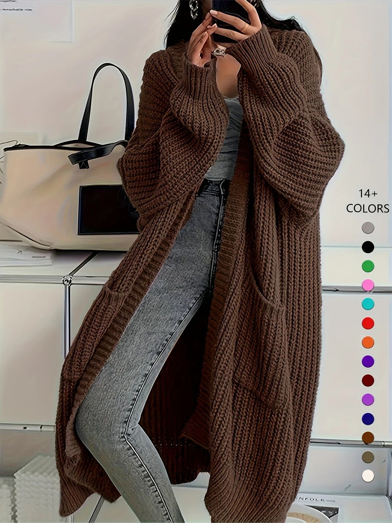 Knee-Length Open Front Cardigan