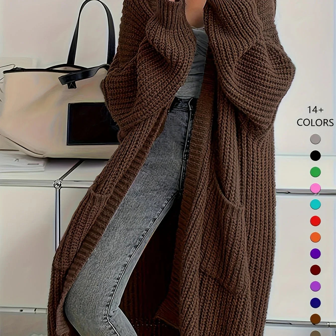 Knee-Length Open Front Cardigan