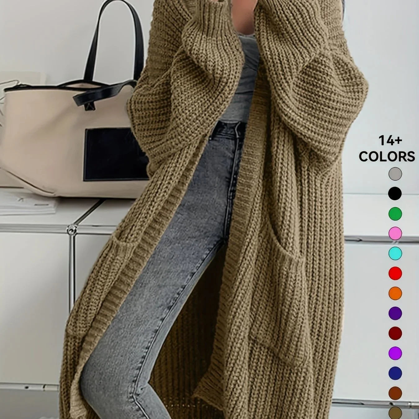 Knee-Length Open Front Cardigan