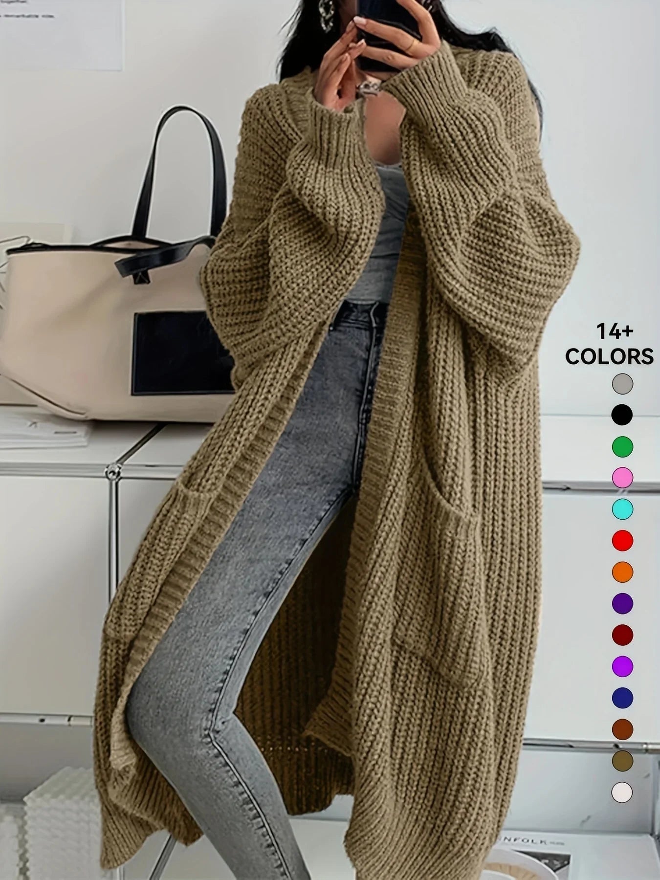 Knee-Length Open Front Cardigan
